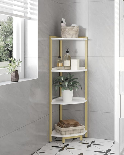 Corner Shelf Stand, Corner Bookshelf, Storage Standing Shelf Unit with Metal Frame, Plant Stand, Corner Bookcase for Living Room, Home Office, Bedroom, 4-Tier White Gold CS05803A