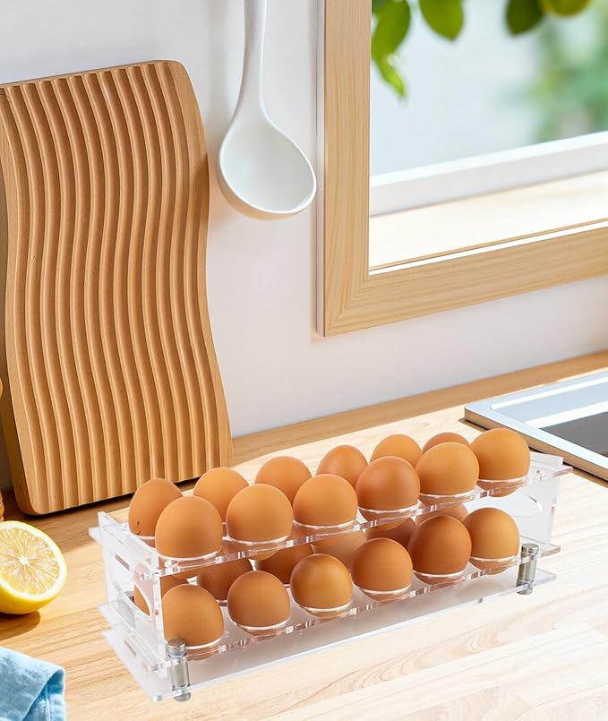 Acrylic Clear Egg Holder for Counter, Stackable Fresh Eggs Holders Organizer 24, 2-Tier Open Egg Rack Container with Handle, Easy to Clean, Storage for Chicken, Duck Eggs, Easter Egg Holder Decor