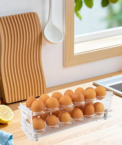 Acrylic Clear Egg Holder for Counter, Stackable Fresh Eggs Holders Organizer 24, 2-Tier Open Egg Rack Container with Handle, Easy to Clean, Storage for Chicken, Duck Eggs, Easter Egg Holder Decor