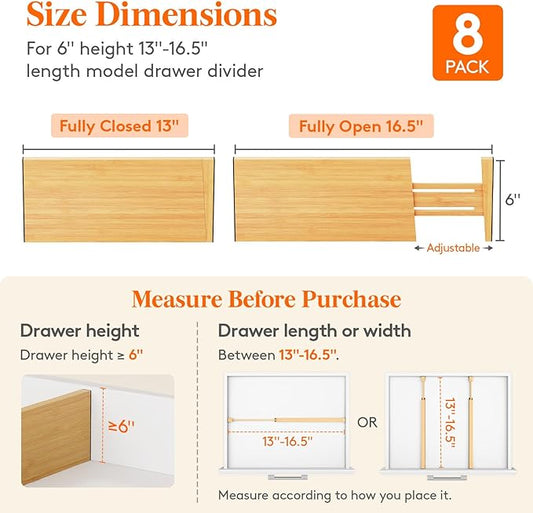 Lifewit 8 Pack 6" Deep Bamboo Drawer Dividers, 13-16.5" Expandable Drawer Organisers for Clothes, Adjustable Dresser Drawer Divider, Clothing Drawers Separators for Dresser, Bedroom, Bathroom, Office