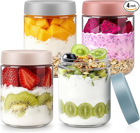 4 pack 16 oz Overnight Oats Containers with Lids and Spoons Glass Jars with Airtight Lids: Wide Mouth Mason Salad Jars, Leakproof and Reusable Glass Food Storage Container for Yogurt Snacks Spice