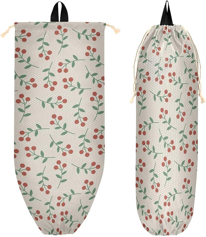 2 PCS Red Berry Plastic Bag Holder - Wall Mount Grocery Bag Holder, 22 x 9 Inch, Kitchen Closet Organizer