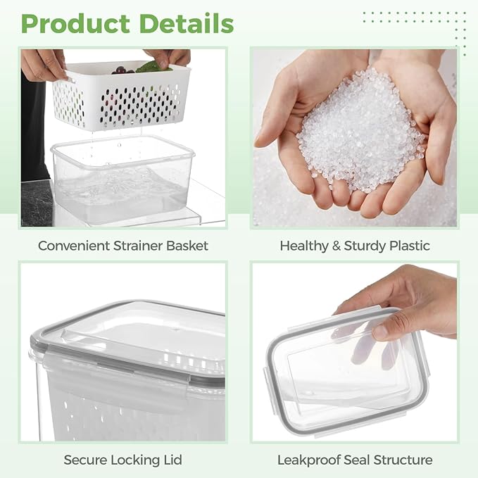 Anjetan 3 Pcs Fruit Storage Containers, Produce Savers with Lids for Fridge, Refrigerator Vegetable Containers with Draining Baskets, Airtight Food Keepers for Kitchen, Microwave Safe