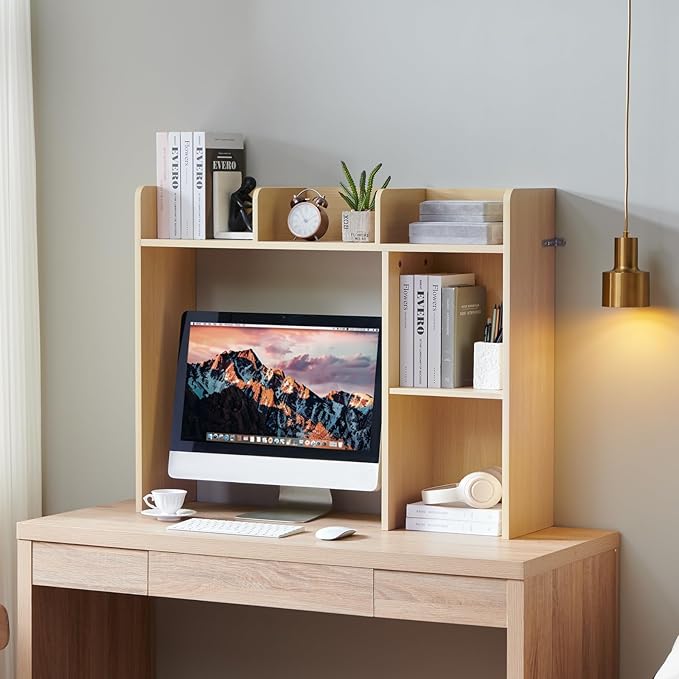 Desktop Bookshelf, Wooden Desk Storage Hutch with 5 Shelves, 3-Tier Desktop Display Organizer Rack for Office Home (Natural, 5 Shelves A)