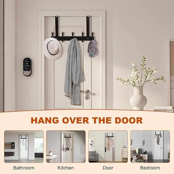 persevere Over The Door Hooks with Auto-Locking Design, Rustproof Multi-Functional Coat Rack, Bathroom Towel Holder, Space-Saving Door Hanging Organizer with 5 Hooks for Clothes and Towels (Black)