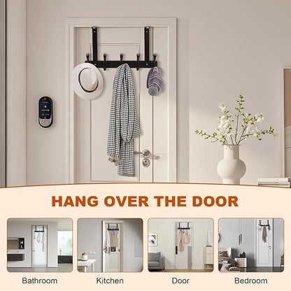 persevere Over The Door Hooks with Auto-Locking Design, Rustproof Multi-Functional Coat Rack, Bathroom Towel Holder, Space-Saving Door Hanging Organizer with 5 Hooks for Clothes and Towels (Black)