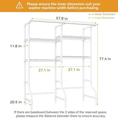 U14 Medium Over the Washer and Dryer Shelves, 4 Tiers Laundry Room Storage and Organizer System, Space Saving Clothes Drying Rack with 2 Clothes Hanger Rods, 57.8"W x 20.5"D x 77.4"H, White