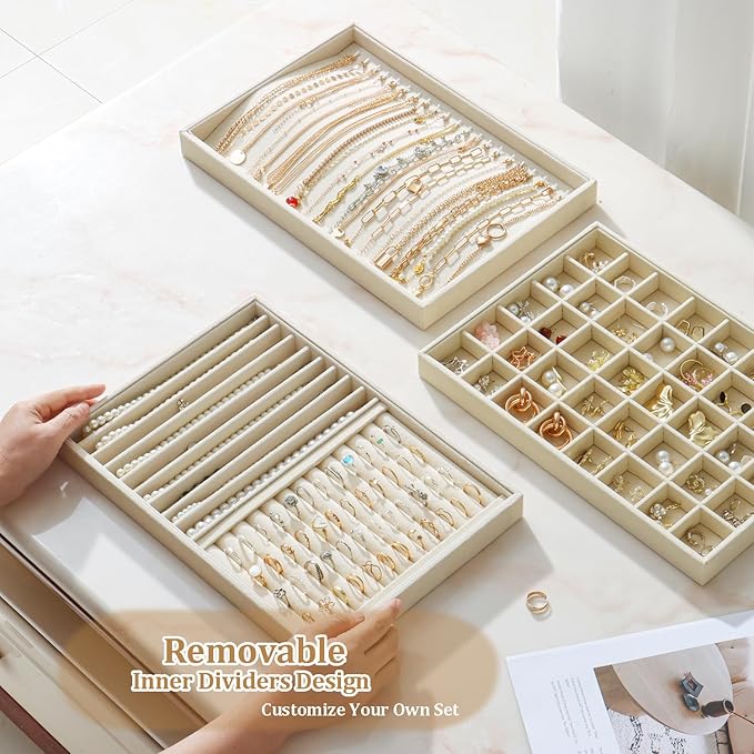 KATISYIO Large Velvet Jewelry Tray 2 Pack Stackable Jewelry Display Drawer Inserts Trays Organizer for Earring Bracelet Necklace Ring (Beige, Ring and 9 Grids)