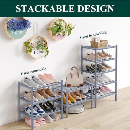 Smiry Small Bamboo Shoe Rack 2-Tier, Stackable Wooden Shoe Organizer for Entryway & Closet, Free Standing Wood Shoe Storage Shelf for Front Door & Small Spaces, Grey