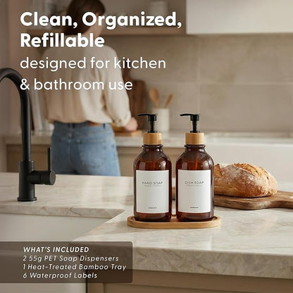 Maisonovo Plastic Soap Dispenser Set | Hand Soap and Dish Soap Dispenser Set | 16.9oz Amber Bottles with Black Bamboo Pump | Bathroom Lotion Dispenser with Pump Set of 2