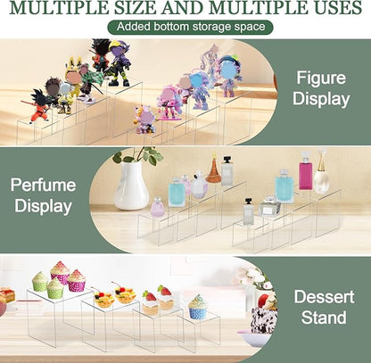 8 Pcs Square Acrylic Display Risers, 2 Sets 4 Sizes Tall Acrylic Risers Display Stands, 0.12" Thick Clear Risers for Displays, Clear Display Shelf for Figure Action Jewelry Showcase