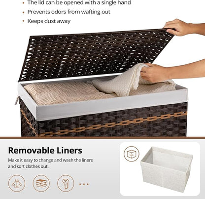 OIAHOMY Storage Basket with Lid, 42.3 Gallon (160L) Blanket Basket with Removable Liner Bag, Synthetic Wicker Hamper with Handle, Hamper for Living Room, Brown