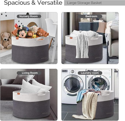 Extra Large Laundry Basket toy storage 22"X22"X14" blanket basket Cotton Rope Woven Baskets with Handles for Living Room (Grey/Beige) XXXL