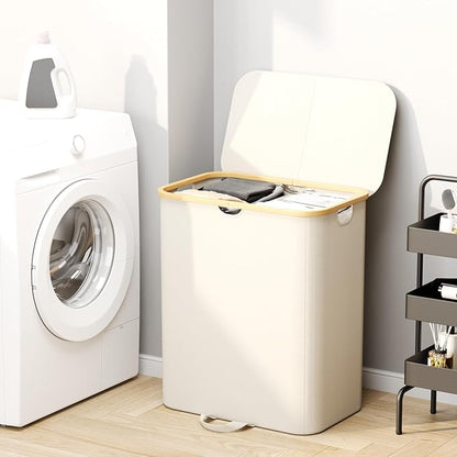 160L Double Laundry Hamper with Lid, Dirty Clothes Hamper with 2 Removable Bags, Beige Laundry Hamper 2 section with Bamboo Handles Easy to Carry for Bedroom, Bathroom, Dorm, College