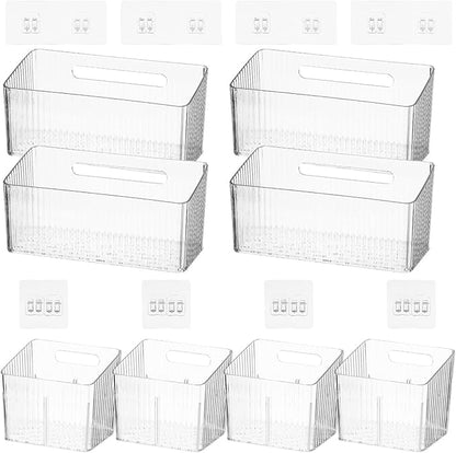 8 PCS Clear Cabinet Door Organizer Bins with Adhesive Hooks, Wall Mount Hanging Storage Baskets with Drain Holes, Plastic Under Sink Drawer Organizers for Bathroom, Kitchen, Pantry, Fridge