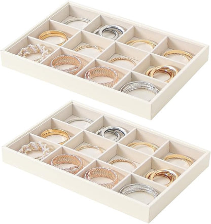 Stackable Jewelry Organizer Tray For Drawers,White Leather Small Earring Storage Tray,Bracelet And Necklace Display Box,Jewelry Ring Display Case (Creamy White 12 Grids)