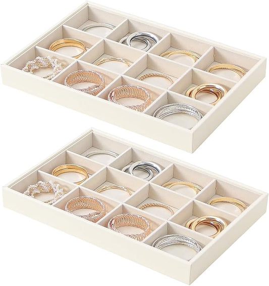 Stackable Jewelry Organizer Tray For Drawers,White Leather Small Earring Storage Tray,Bracelet And Necklace Display Box,Jewelry Ring Display Case (Creamy White 12 Grids)