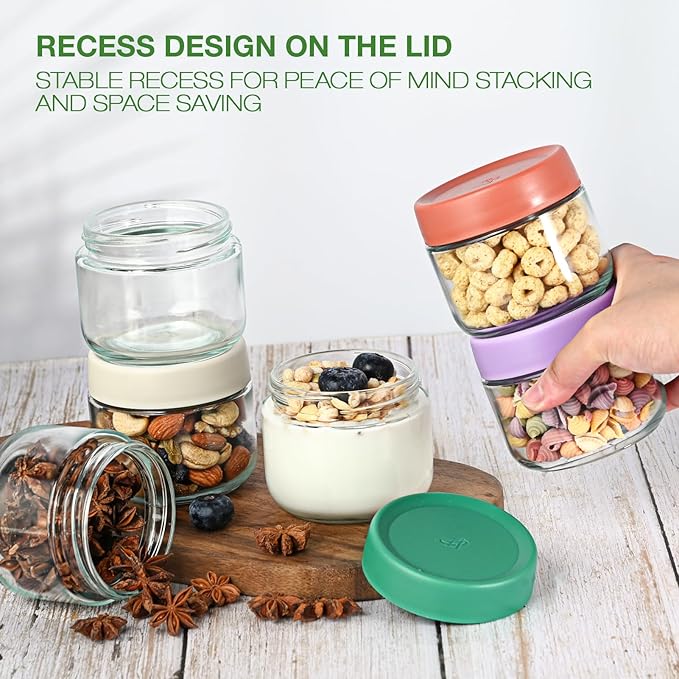 Hoa Kinh Overnight Oats Jars with Lids, 9oz & 16oz Leak Proof Small Jars for Overnight Oats, Cereal, Clear Empty Glass Jar with Lids for Kitchen 6Pack(Red, Green and Purple)
