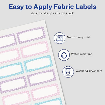 Avery No-Iron Fabric Name Labels, Soft Pastels Preprinted Designs, Handwrite Only, 24 Preprinted Labels (40775)