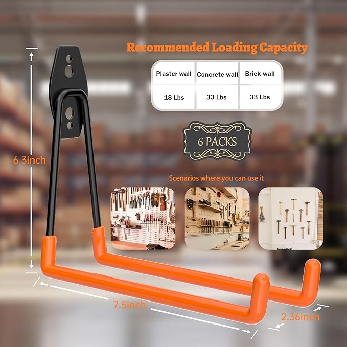 ENUODA Large Garage Hooks Heavy Duty - Wall Mount Garage Storage Hooks for Hanging Ladder, Garden Tool, Power Tool, Drill, Bike, Extension Cord, Hose, Chair, Bulk Items, 7.5 inch, 6 PCS
