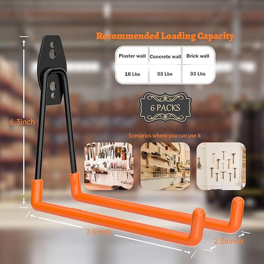 ENUODA Large Garage Hooks Heavy Duty - Wall Mount Garage Storage Hooks for Hanging Ladder, Garden Tool, Power Tool, Drill, Bike, Extension Cord, Hose, Chair, Bulk Items, 7.5 inch, 6 PCS
