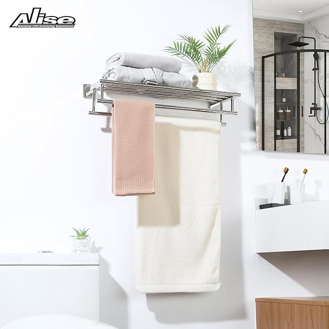 Alise Towel Rack,Towel Holder Towel Shelf with Double Towel Bars for Bathroom Lavatory,24 Inch SUS 304 Stainless Steel Wall Mount Towel Hanger,Polished Chrome