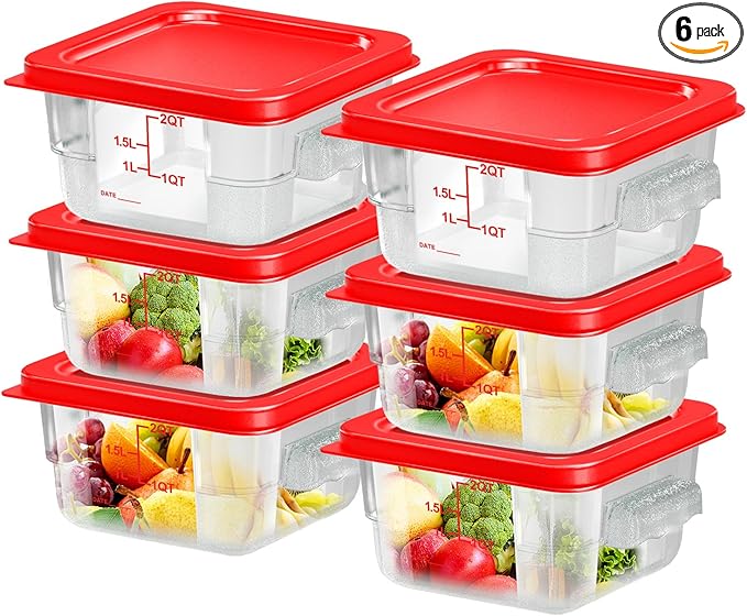 FeyBuosk 6 pcs 2qt Food Storage Containers with Lid, Square Clear Commercial Food Storage Containers with Handle and Scale for Food Storage in Home Kitchen & Dining (Red)