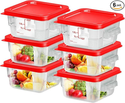 FeyBuosk 6 pcs 2qt Food Storage Containers with Lid, Square Clear Commercial Food Storage Containers with Handle and Scale for Food Storage in Home Kitchen & Dining (Red)
