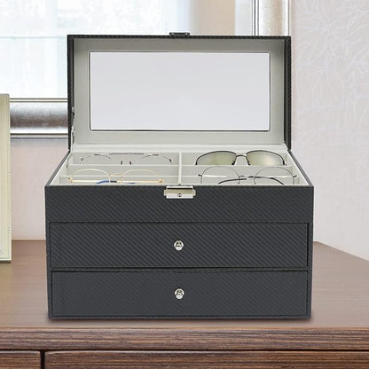 DouSeiAi 3 Layer Sunglasses Storage Box, 18 Grids of Glasses Organizer, Lockable Eyewear Display Case with Drawer (Grey)