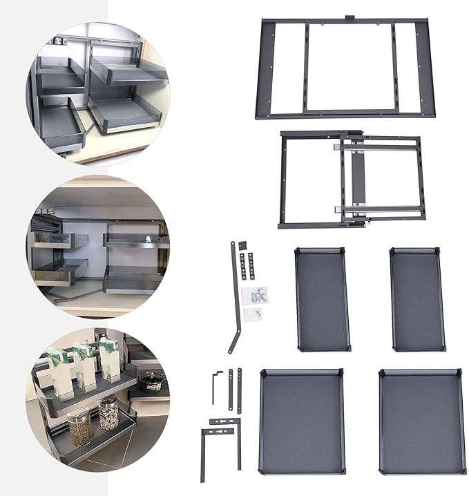 QIANMOON Kitchen Corner Cabinet Pull Out, Magic Pull Out Open, 2 Tiers Swing Tray, Blind Corner Soft Close, for Place Pots and Pans, Containers, Spice Jars