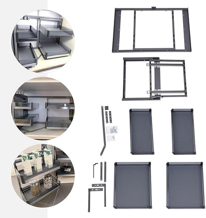 QIANMOON Kitchen Corner Cabinet Pull Out, Magic Pull Out Open, 2 Tiers Swing Tray, Blind Corner Soft Close, for Place Pots and Pans, Containers, Spice Jars