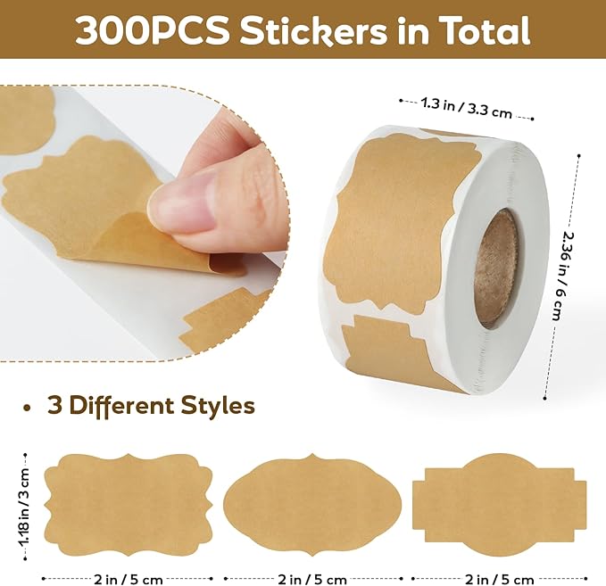 300PCS Kraft Brown Labels 2x1.2 Inch - Blank Self-Adhesive Stickers for Mason Jars, Bottles, Gift Wrapping, Food Storage & Crafts (Writable, Vintage Style, 3 Designs)