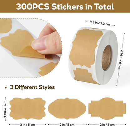 300PCS Kraft Brown Labels 2x1.2 Inch - Blank Self-Adhesive Stickers for Mason Jars, Bottles, Gift Wrapping, Food Storage & Crafts (Writable, Vintage Style, 3 Designs)