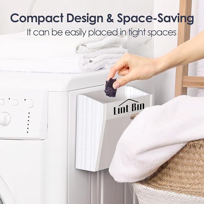 NiHome Magnetic Lint Bin for Laundry Room Storage Organization & Decor with Lint Brush, Wall Mounted Dryer Lint Box Holder Made of Metal & Pine, Lint Trash Can Lint Basket for Dryer, White
