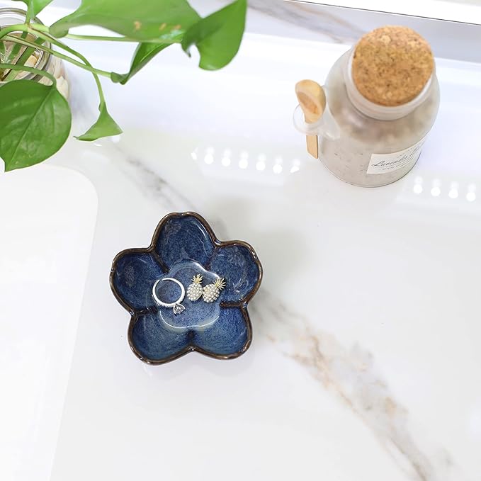 YZMICSTAR Flower Ring Dish Holder,Jewelry Dish Tray,Small Trinket Tray,Jewelry Plate Bowl,Key Bowl,Decorative Plate,Birtdhay Christmas Gifts for Women Friends,Ceramic Kiln effect Blue