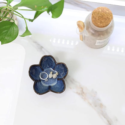 YZMICSTAR Flower Ring Dish Holder,Jewelry Dish Tray,Small Trinket Tray,Jewelry Plate Bowl,Key Bowl,Decorative Plate,Birtdhay Christmas Gifts for Women Friends,Ceramic Kiln effect Blue