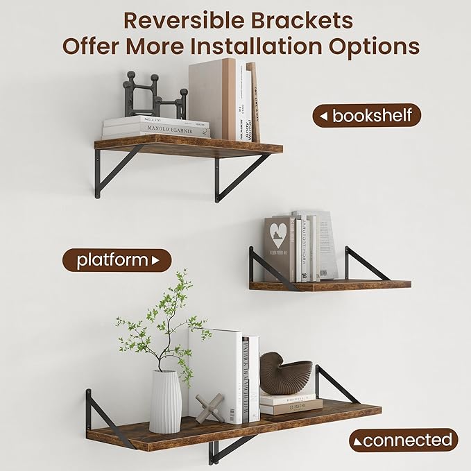 Axeman Deep Floating Shelves - 20 Inch Floating Shelves Set of 2-12 Inch Deep Brown Wood Wall Shelves for Living Room Bathroom Kitchen