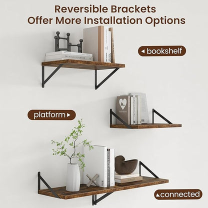 Axeman Deep Floating Shelves - 20 Inch Floating Shelves Set of 2-12 Inch Deep Brown Wood Wall Shelves for Living Room Bathroom Kitchen