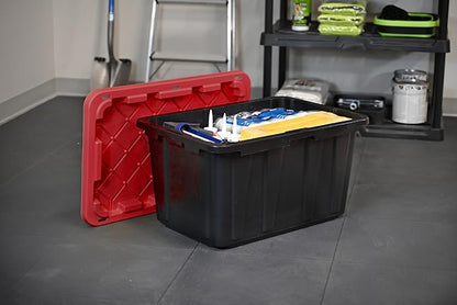 CX BLACK & YELLOW, XTRA TALL 27-Gallon Heavy Duty Tough Storage Container & Snap-Tight Lid, (28.5L x 19.4W x 15.2H), Weather-Resistant Design and Stackable Organization Tote [4 Pack]