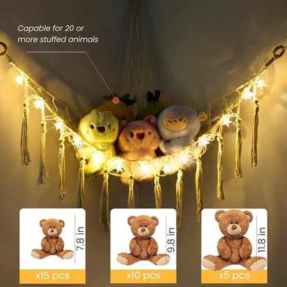 Stuffed Animal Hammock with 13LEDs Star Lights, 47in Toy Storage Macrame Hammock, Hanging Toy Net for Kids Bedroom Doll Room Corner Organizer, Battery Powered Toy Hammocks with Remote(Star, Large)