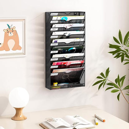 Hanging Wall File Organizer,10-Tier Desk File Mail Holder, Paper Bill Organization For Office Home School, Black