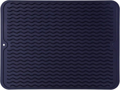 Silicone Dish Drying Mat for Multiple Usage,Easy clean,Eco-friendly,Heat-resistant Silicone Mat for Kitchen Counter or Sink,Refrigerator or drawer liner Navy Blue L 16 inches x 12 inches