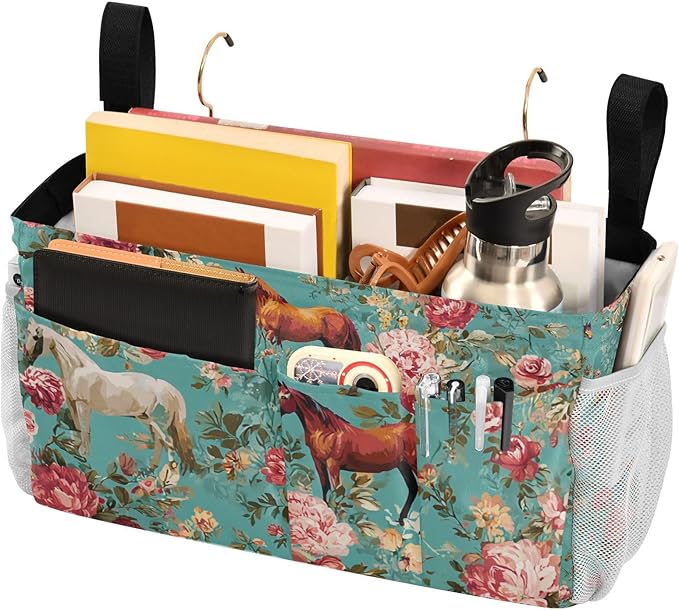 CuwrYet Bedside Caddy Hanging Bunk Bed Caddy Bed Organizer Hanging Pocket with 2 Hooks Bedside Storage Organizer Pocket Bag Holder Teal Horses and Red Roses