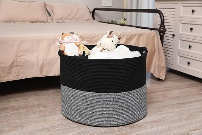 Cottonphant 24" x 24" x 17" Max Size Large Cotton Rope Basket, Extra Large Storage Basket, Woven Laundry Hamper, Cloth Storage Bin, for Blankets Clothes Towels Pillows in Living Room, Black/Grey Mix