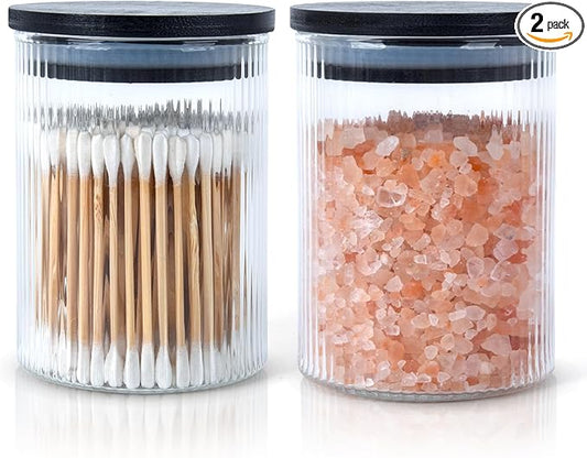 BKYFPQ 2 Pack Ribbed Glass Qtip Holder Dispenser Set - Apothecary Jars with Lids - Bathroom Canister Storage Organizer and Vanity Makeup Organizer for Cotton Ball, Cotton Swab, Cotton Round Pads,Floss