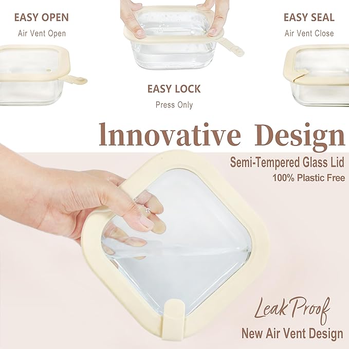 Urban Green Glass Food Storage Containers with Glass Lids, Microwave Safe Food Container Set, Airtight Food Container Set, LeakProof, 100% Plastic Free, White Color, 4pack