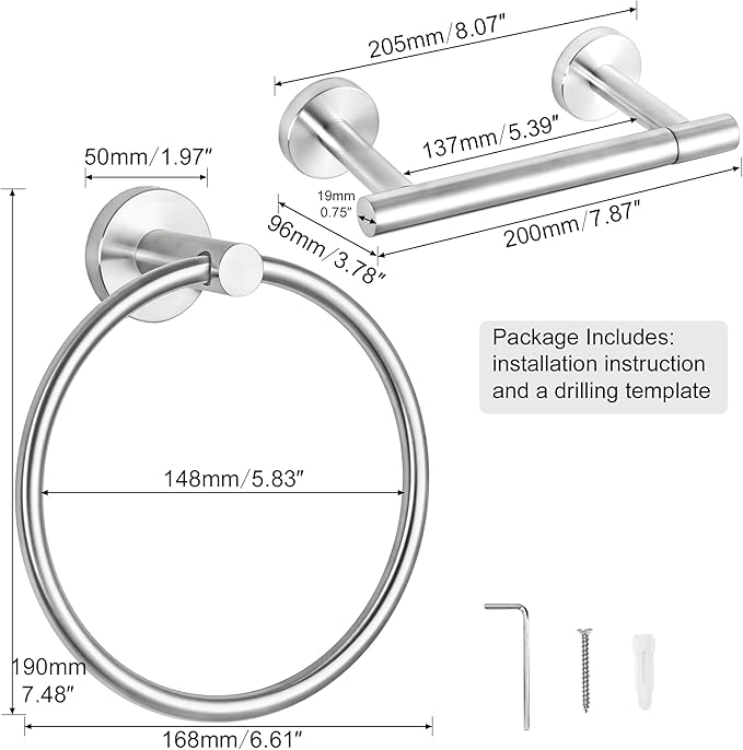 CozyTower Brushed Steel Quick Reload Toilet Paper Holder Wall Mount, SUS304 Stainless Steel Double Post Pivoting Tissue Roll Holder and Hand Towel Holder Ring Bathroom Hardware Accessories Set