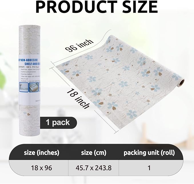 RAY STAR 18X96 Inch Shelf Liner for Kitchen Cabinets, Non-Adhesive Cabinet Liner Washable, PVC Drawer Liner for Dresser Non-Slip Bathroom (Floral)(1 Roll)