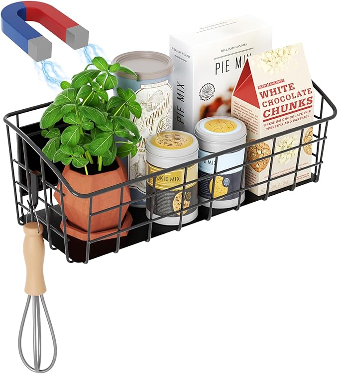 Magnetic Shelf for Refrigerator 1-Pack, Strong Magnetic Spice Rack with Removable Hook for Kitchen Storage, Fruit Potato Onion Storage Shelves, Large Magnetic Basket Organizer for Fridge Oven Laundry