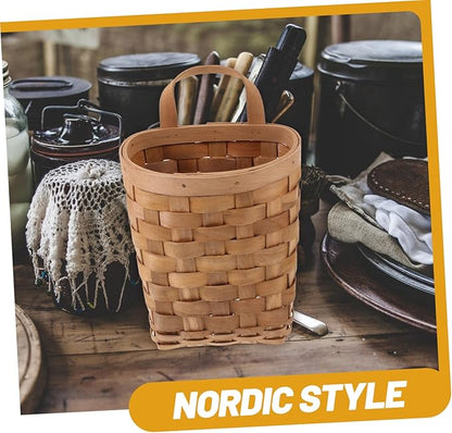 Natural Wood Woven Hanging Basket Organizer for Kitchen and Bathroom Storage Wall Mounted Storage Bin for Items Makeup Utensils Multi Purpose Decor and Planter Carbonized Finish
